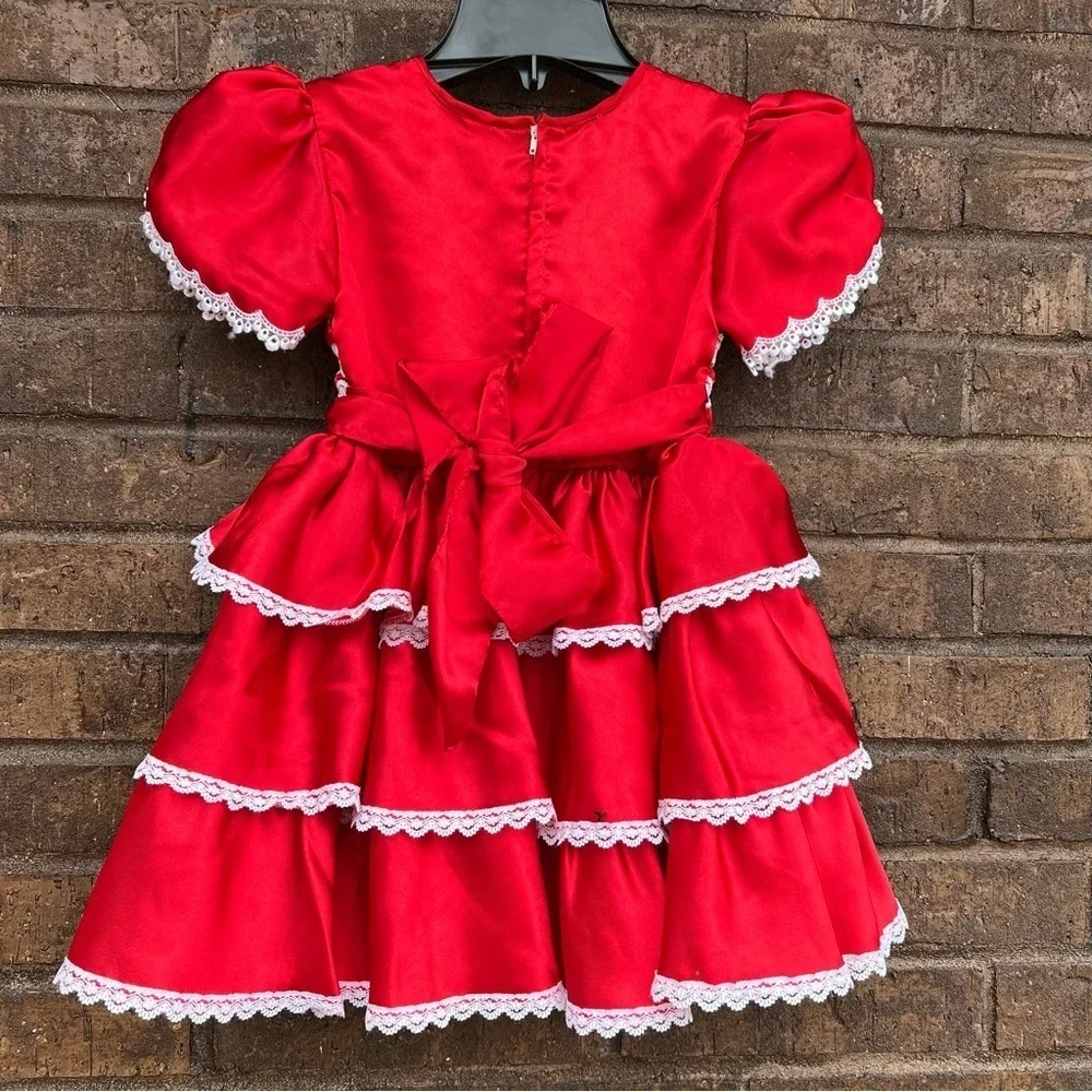 Vintage 80s/90s Red Ruffle White Lace Dress -Embroidered Roses Sz 5